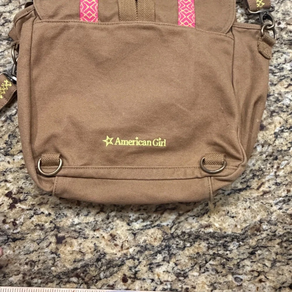 American Girl Brown Canvas Messenger Crossbody Bag Pink Yellow Embroidery Kids